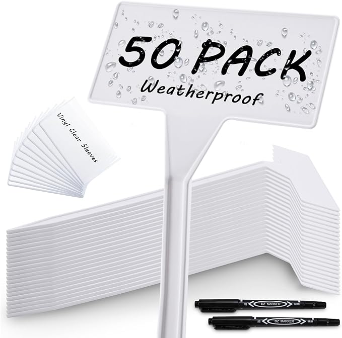 Outdoor Plant Label, 50 Pack Large Waterproof Plastic Plant T-Type Tags, Reusable Nursery Tag for Herbs Flowers Vegetable (White)