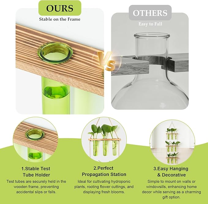 XXXFLOWER Wall Hanging Propagation Station with Wooden Stand 9 Test Tubes Vases Tiers Planters Wall Terrarium for Home Office Plant Hanger Flower Vases Wall Decor Hydroponic Cuttings(Green)