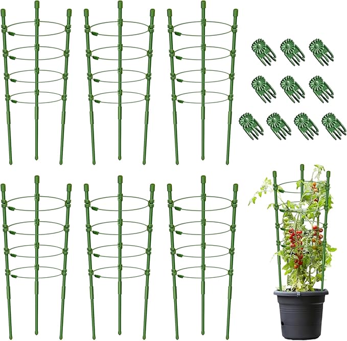 Legigo 6 Pack 24 Inch Plant Support Cages Tomato Cage for Garden- Plant Cages Adjustable Rings, Tomato Plant Support Stakes Trellis for Pots, Peppers, Cucumbers and Flowers with 10 Plant Clips