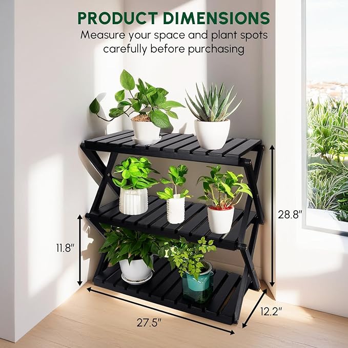 BEEFURNI Acacia Plant Stand Indoor, Wooden Outdoor Plant Stand, Foldable Plant Stand, 3 Tier Conner Space Flower Stand, Plant Ladder Stand (Black)