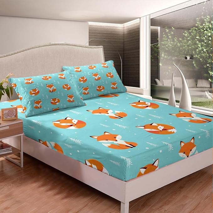Kids Bed Sheets Twin Size Cute Fox Print Bed Sheet Set For Boys Girls Bedroom Cartoon Kawaii Decor Woodland Fox Wild Animal Bedding Set Children Toddler Fitted Sheet + Flat Sheet + 1 Pillow Case