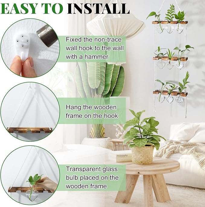 Leinuosen Wall Hanging Plant Propagation Stations Mother Gifts for Her Plant Lovers 3 Tiered 9 Heart Shaped Glass Vases Terrarium with Wooden Stand for Hydroponics Indoor Garden Home Decor(Clear)