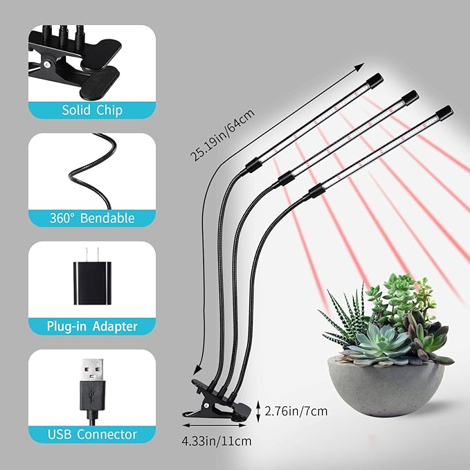 Black Grow Lights for Indoor Plants, 126LEDs Clip Plant Lights, Full Spectrum LED Plant Growing Lamps with Flexible Gooseneck, 4/8/12/18H Timer, 3 Spectral Modes, 10 Dimmable Levels?3 Head 1 Pack