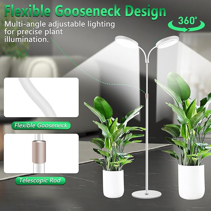 Floor Grow Lights for Indoor Full Spectrum Plant Lighting with Adjustable 67" Stand for Growing Large Tall Plants 3/9/12H Timer,3 Light Modes, 2Heads