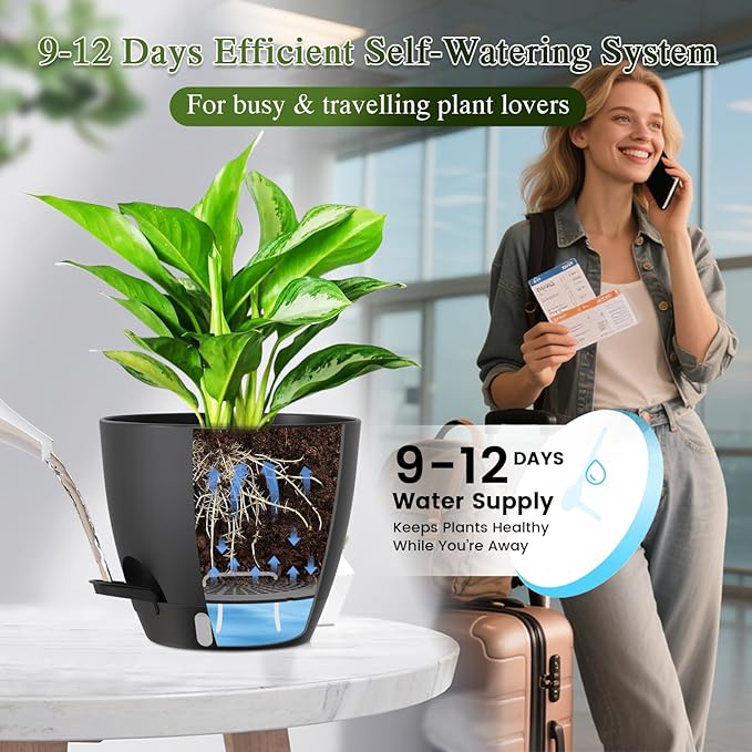 Self Watering Pots with Drainage Holes, 2 Pack 10 Inch Plant Pots with Water Level Indicator Deep Reservoir, Large Plastic Planter for Indoor Outdoor Plants - Black