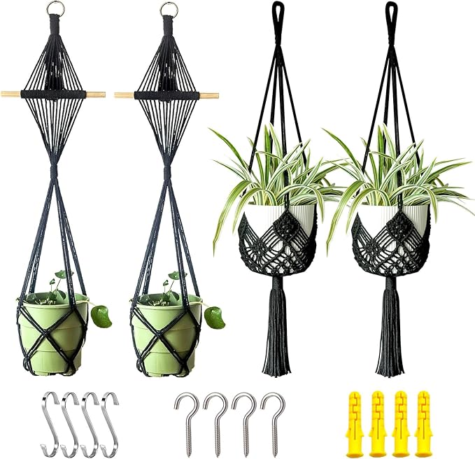 4 Pack Macrame Plant Hangers Indoor Up to 10 inch Pot, Boho Hanging Planters, Plant Holder with 8Pcs Stainless Steel Hooks(4Pcs Black Hanger)