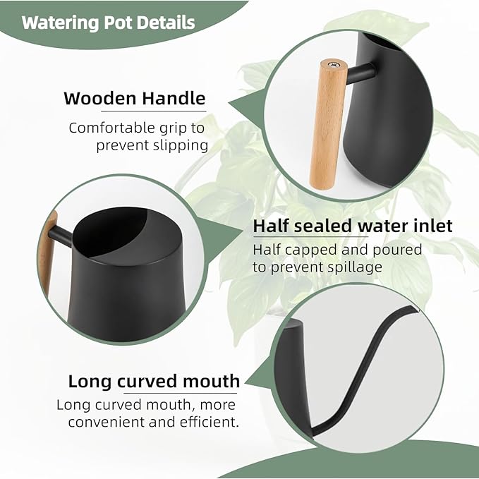 Indoor Watering Can with Long Spout, 34oz Capacity, Black Metal with Wood Handle (Black-W1)