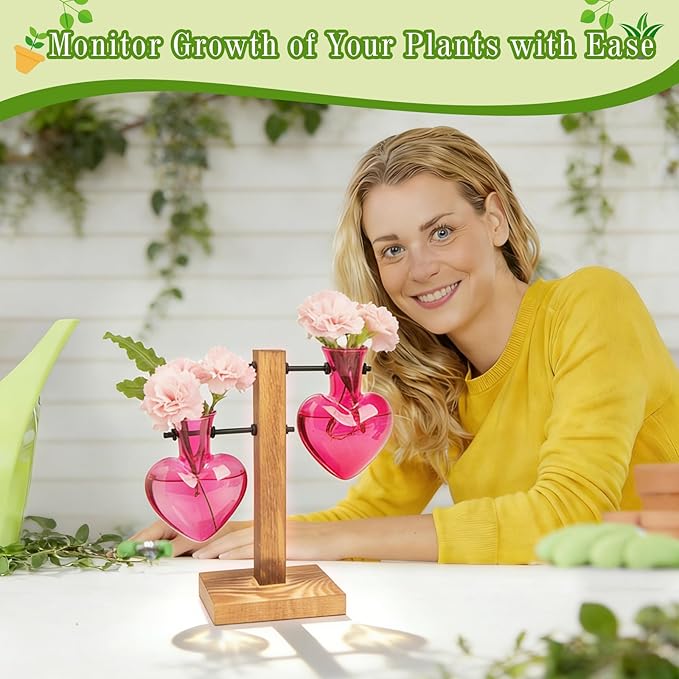 XXXFLOWER Plant Terrarium Wooden Stand Hydroponic Planter Bulb Glass Metal Swivel Holder Retro Air Plants Water Plants for Home Office Decoration,Gifts for Plant Lover Wife Mom- 2 Pink Love Bulb Vase