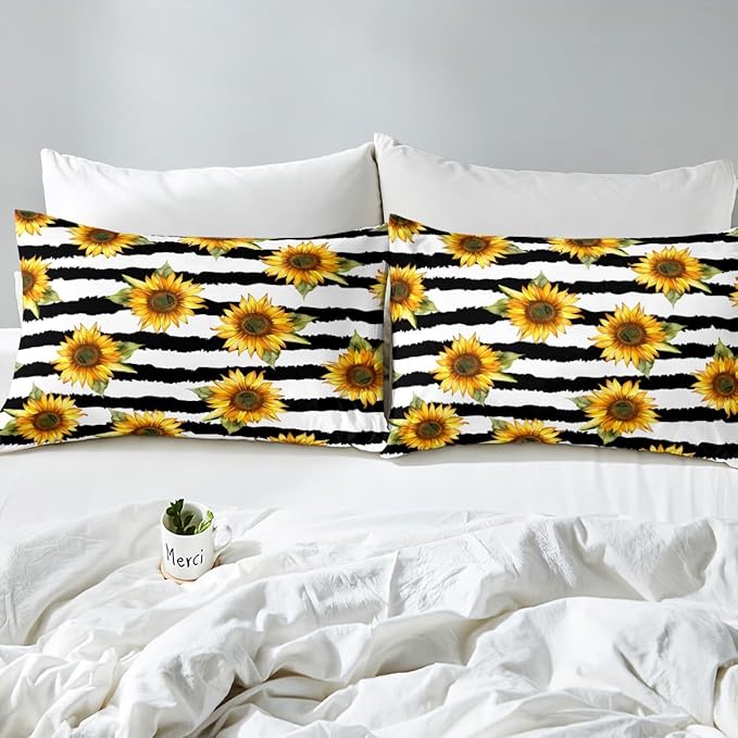 Sunflower Sheet Set Twin Size For Girls Cute Floral Decor Bedding Set Women Teens Ultra Soft Black White Stripe Flowers Kid's Bed Sheets with Deep Pocket, 1 Flat Sheet, 1 Fitted Sheet, 1 Pillowcases
