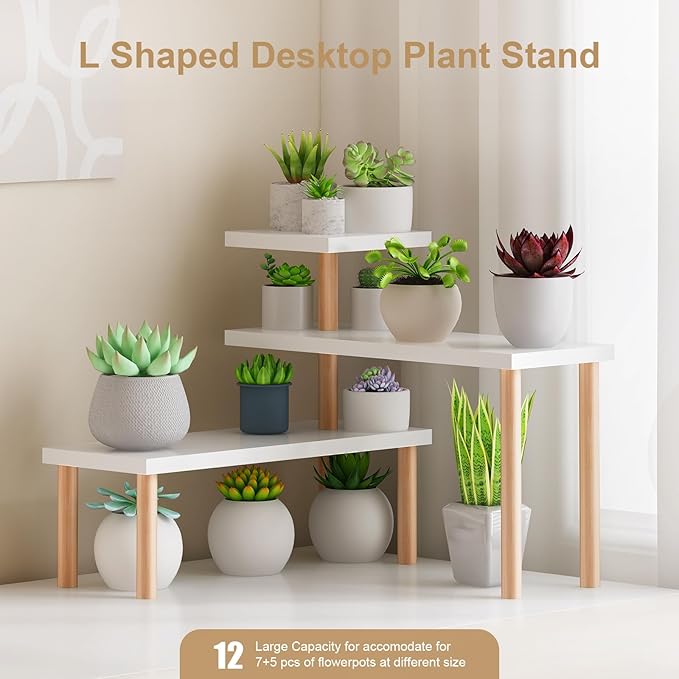 Small Plant Stand Shelf ,3 Tiers Wood Long Desktop Flower Pot Holder Racks for Window Sill,Table ,Countertop Organizer Display Stand Shelves (Angle Adjustable,White)