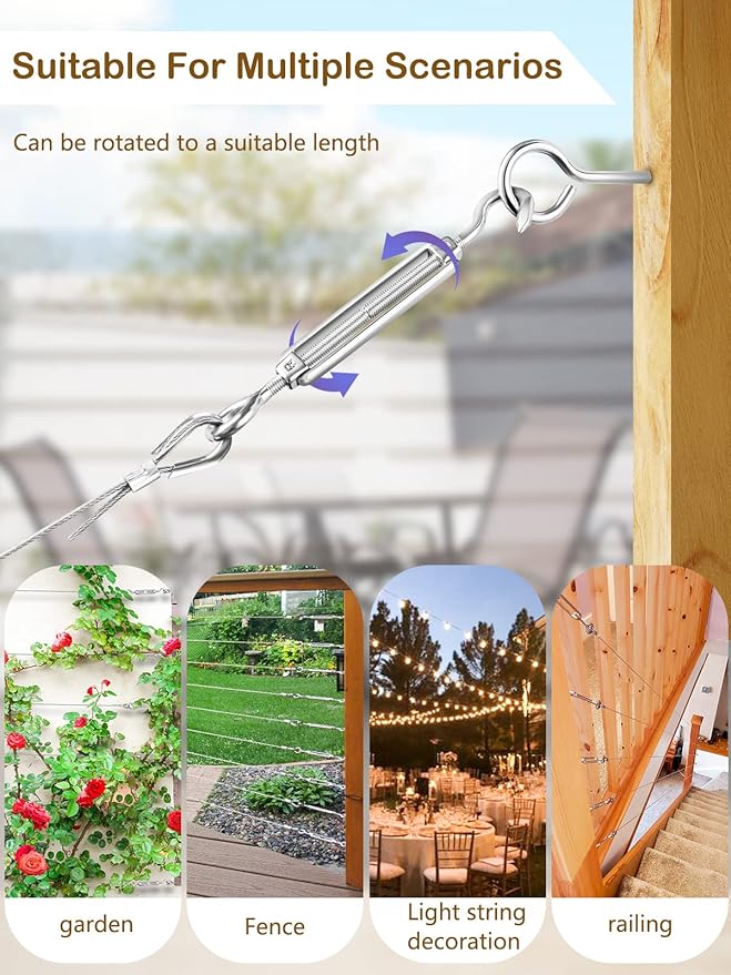 TooTaci Turnbuckle Wire Tensioner Kit, 100ft 1/16 Vinyl Coated Stainless Steel Wire Rope Cable with M5 Turnbuckles for Curtain, Garden Trellis, Picture, String Lights Hanging, Climbing Plants Outdoor
