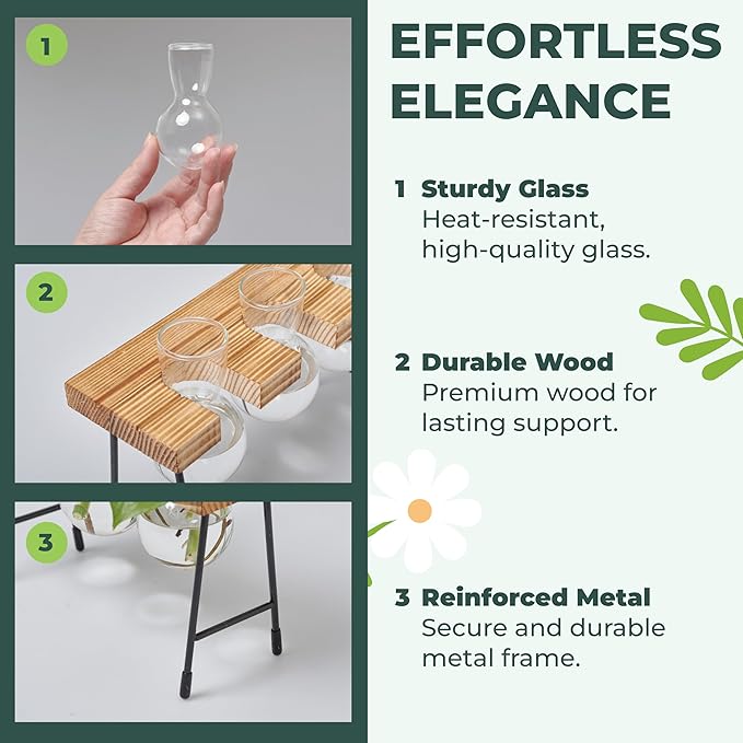 Window Garden Plant Terrarium Glass Vase with Stand - Set of 3 - Real Wood Frame with Transparent Bulb-Shaped Glass - Propagation Stations for Indoor Plants - Wooden Finish