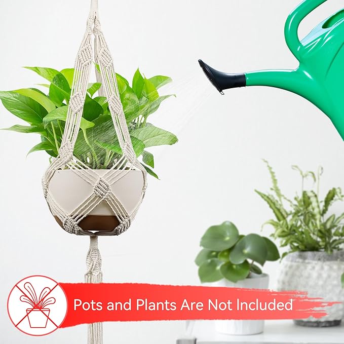 USLAI Macrame Plant Hanger Indoor Outdoor, Up to 4-12 inch Pot, Heavy 20lb Planters, Extra Long Strong Hanging Planter Basket Holder, Boho Home Decor, 42+42 Inch, Ivory (POTS NOT Included)