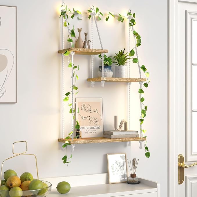 Hanging Shelves for Wall,Macrame Hanging Plant Shelf with Vine Lights 3 Tier Rope Floating Shelf Wood Organizer Storage Rack Boho Wall Decor Aesthetic for Succulents Bedroom Bathroom Kitchen
