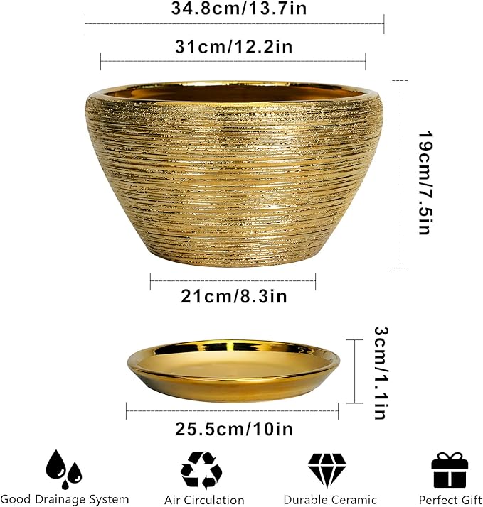 Ceramicfor Ceramic Planter 13 Inch - Indoor Plant Pot with Drainage Hole and Saucer Large Ceramic Pot for Plants Mid-Century Decorative Modern Outdoor Flower Pot for Home Decor Gold