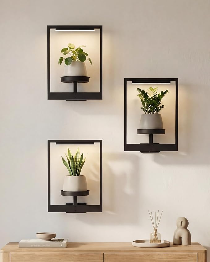 Bamworld Hanging Planters for Indoor Plants Wall Decor Outdoor Living Room Plant Stand Indoor Wall Planters Plant Hanger Window Plant Shelves 3-Packs with Magnetic Lights