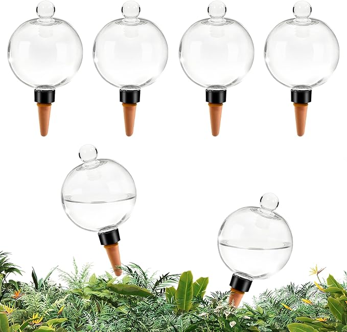 6pcs Plant Self Watering Globes with Covers, Plastic Water Bulbs Top Fill, Plant Watering Devices System Slow Release Terracotta, Water Spikes Stakes for Indoor (6)