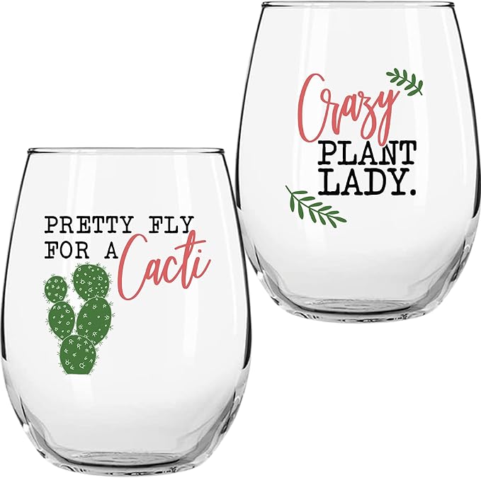 On The Rox Drinks Plant Lady Succulent Cactus Gifts for Women - Set of 2 Funny Wine Glasses 15oz - Pretty Fly For a Cacti - Crazy Plant Lady Wine Glass Tumbler