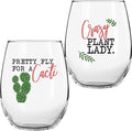 On The Rox Drinks Plant Lady Succulent Cactus Gifts for Women - Set of 2 Funny Wine Glasses 15oz - Pretty Fly For a Cacti - Crazy Plant Lady Wine Glass Tumbler