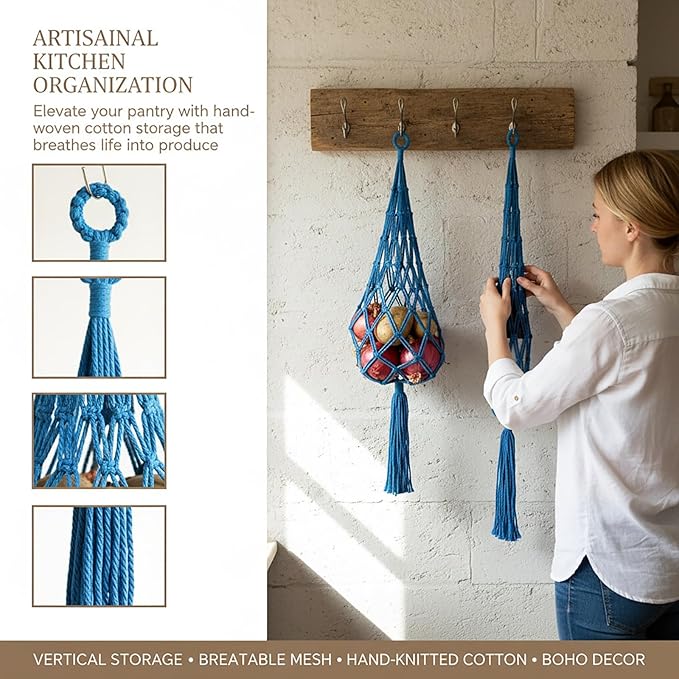 2 Packs Bohemian Macrame Hanging grocery bag, handmade storage breathable hanging bag for Onion/fruit/patato/tamato, Cotton Net Storage Holder, kitchen hanging organizer Blue
