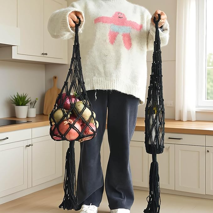 2 Packs Hanging Fruit Basket - Bohemian macrame handmade Basket for Potato/Onion/Fruit/patato, Boho Wall Hanging Decor for Kitchen Macrame Wall Hanging Basket (Black)