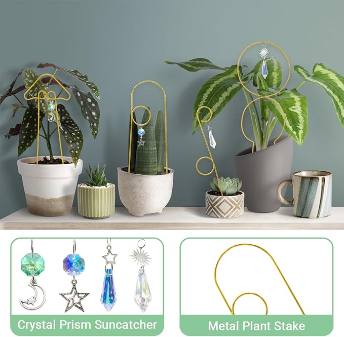 Small Trellis for Potted Plants Indoor with Crystal Sun Catcher, 4Pack Golden Metal Plant Stake for Home Window Garden, Plant Accessories Indoor Decoration (Mix)