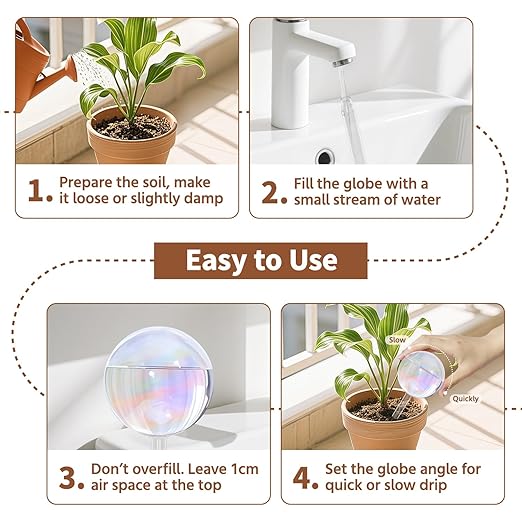 LASZOLA 4 Pcs Rainbow Glass Plant Self-Watering Globe for Indoor Outdoor, House Water Bulb for Small or Large Flower Pot, Iridescent Transparent Decorative Plant Dispenser Ball, Perfect for Vacation