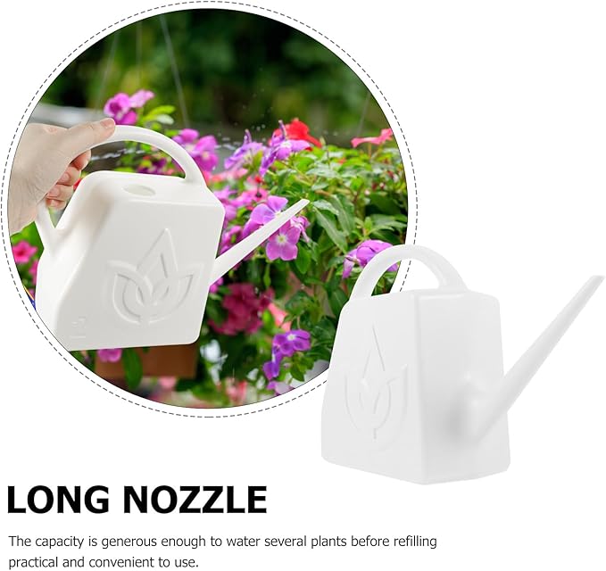 FENICAL Large 2l Watering Can for Outdoor Plants with Long Spout, White Plastic Plant Waterer for Garden and Patio Use