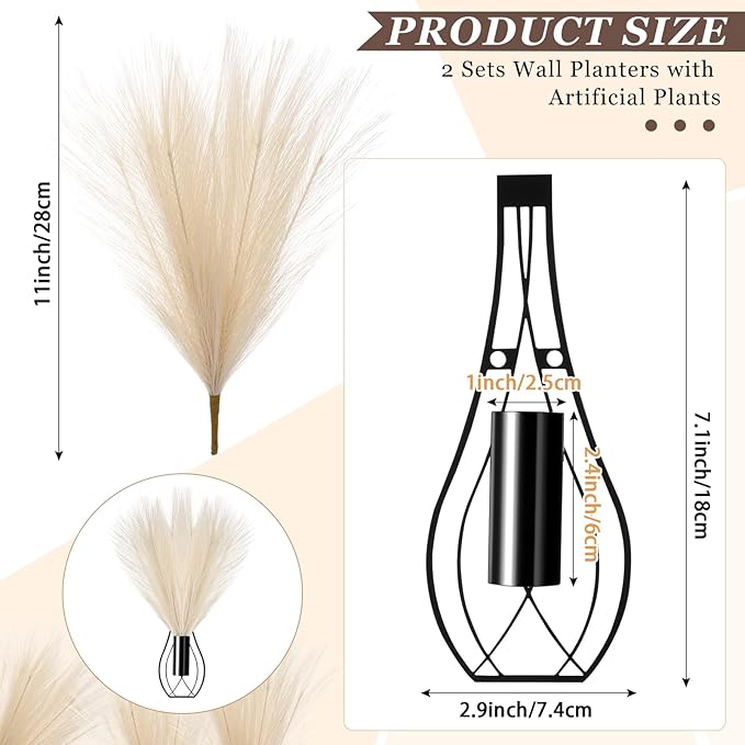 Otoolling 2 Pieces Hanging Plant Wall Decor with Artificial Pampas Grass Metal Hanging Vase Modern Geometric Farmhouse Bohemian Wall Art for Living Room Bedroom Kitchen Office(Black, Beige)