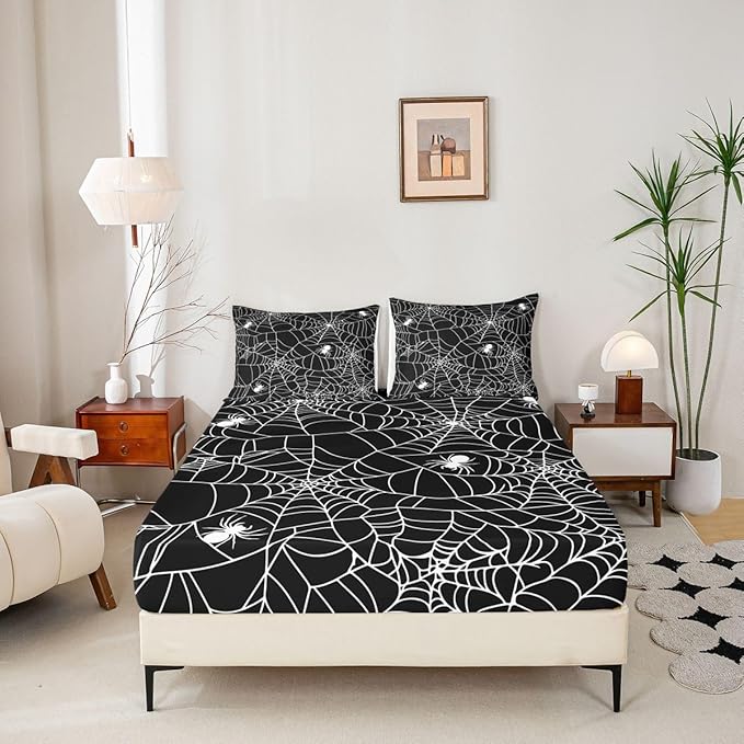 Feelyou Boys Spider Web Sheet Set for Kids Children Halloween Themed Bed Sheet Set King Girls Decorative Scary Spider Pattern Sheets Soft Bed Set Black White,Flat Sheet+ Fitted Sheet + 2 Pillow Case