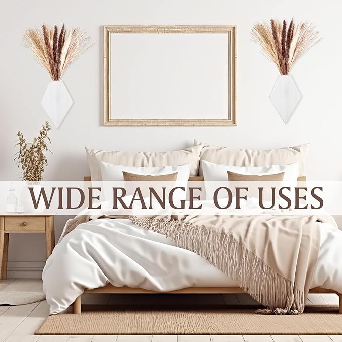 2 Pcs Bohemian Wooden Wall Planter Set with Pampas Grass Modern Farmhouse Wall Decor for Living Room, Bathroom, Bedroom, Office(White Distressed,Regular Style)