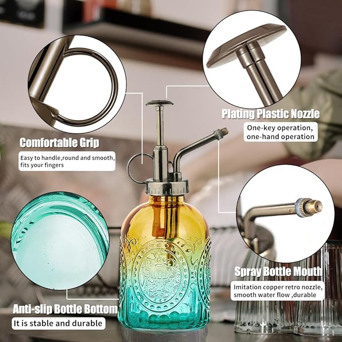 35 oz/1000 ml Metal Indoor Small Watering Can with Long Spout for House Plants Decorative, 12 oz/360 ml Glass Plant Mister Spray Bottle for Bonsai Garden Flowers(Green)