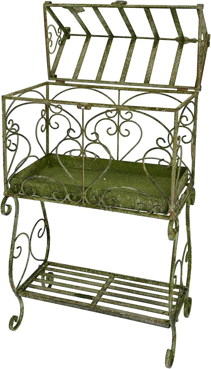 Vintage 2-Tier Metal Plant Stand House Shape Planter, 24"H Distressed Green Plant Holder Decorative Planter Shelf for Ferns, Succulents, Air Plants, Small Potted Plants, Farmhouse Indoor Home Decor