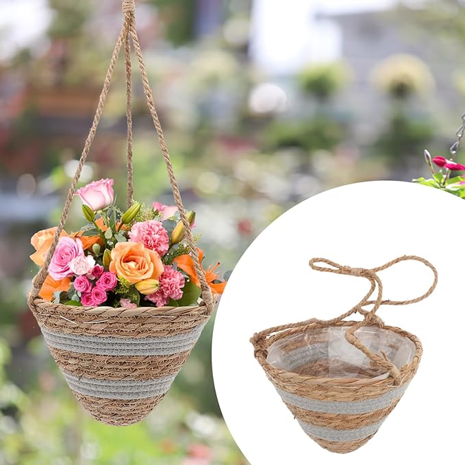 Yardwe Hanging Flower Pot Flower Pots Seagrass Hanging Planter Basket Rattan Planter Plant Orchid Flower Pot for Balcony Container Seagrass Round Planter Pots Decor Orchid Pot