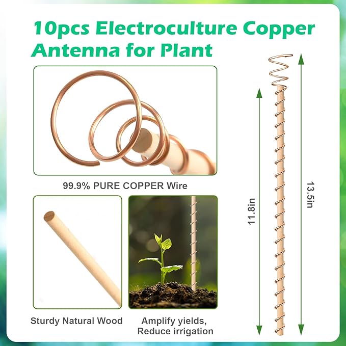 10pcs Electroculture Plant Stakes, 13.5'' Copper Coil Wire Antennas Garden Stakes, Tensor Rings Kit, Copper Rods Electronic Planting for Growing Vegetable Garden Plants Support Outdoor Indoor