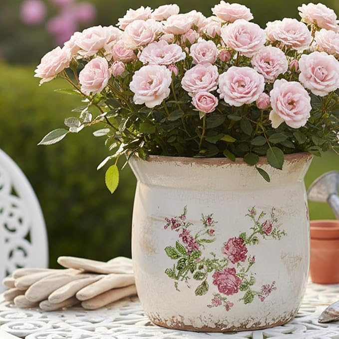 Xiaan Jiaju Cottage Ceramic Pots for Plants, 6.21 Inch Vintage Shabby Chic Planters for Indoor Plants, French Country Spring Balcony & House Decor, Pink Floral Vases for Centerpieces, Gardening Gifts