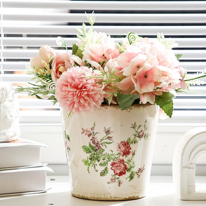 Beeveer 1 Pcs Ceramic Floral Plant Pots with Drainage Hole 5.5 Inch Vintage Farmhouse Accent Planter Rustic Ice Glazed Crack Flower Planter for Indoor Outdoor Home Decor (Pink Rose,Beige and Pink)