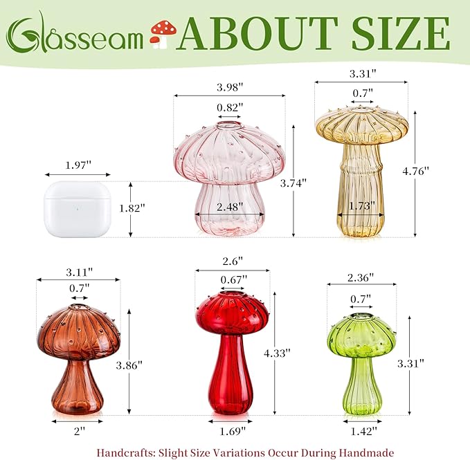Glasseam Mushroom Planter Propagation Vase, Set of 10 Glass Terrariums for Plants, Cute Hydroponic Small Planter, Colored Propagate Station, Decorative Bud Vases for Flowers, Unique Gifts for Women