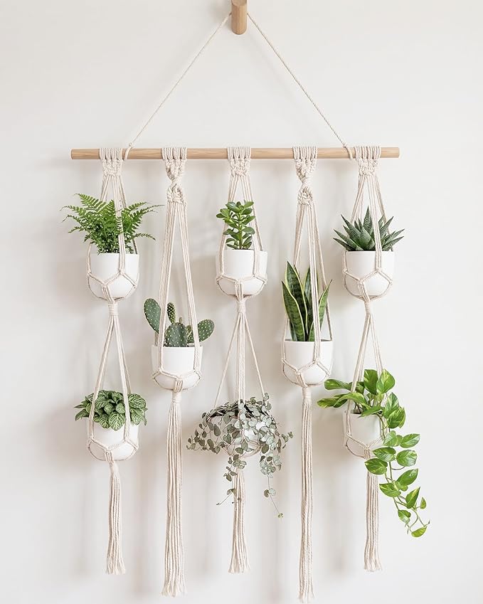 Bamworld Macrame Plant Hanger with Wooden Dowel Multi-Tier Hanging Planters for Indoor Plants Wall Mounted Hanging Plant Holder with 7 Pockets Boho Hanging Baskets for Wall Decor(Pot Not Included)