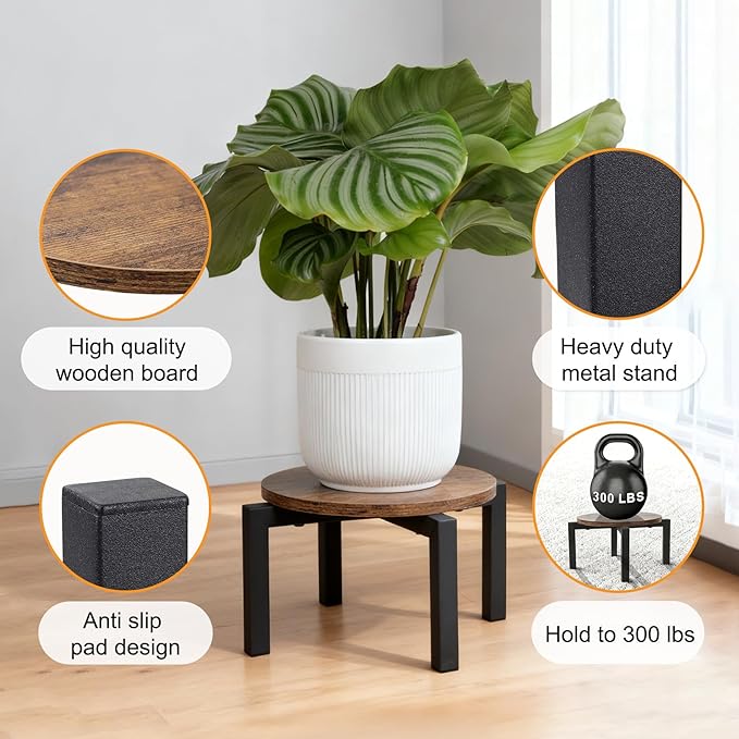 Vigordream Plant Stand Indoor, Heavy Duty Sturdy Metal Plant Holder, Wooden plant Stool, Single Plant Pot Stand Low Short Planter Stand