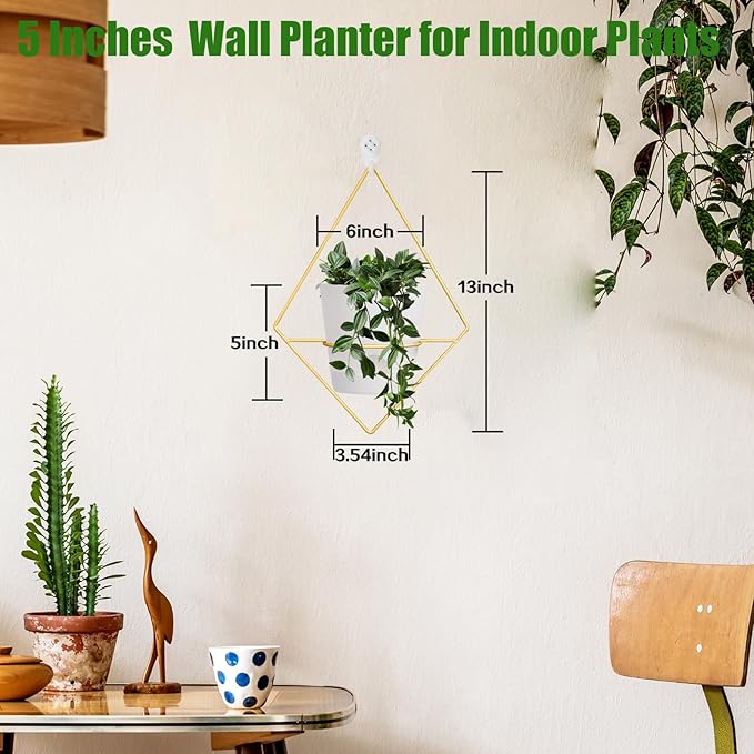 Koalaime 3 Sets Wall Planters for Indoor Plants Geometric Hanging Planters for Indoor Plants - Self-Watering Flower Pots with Black Metal Holder, Mounted Succulent Planter, 5" Black Plant Pot