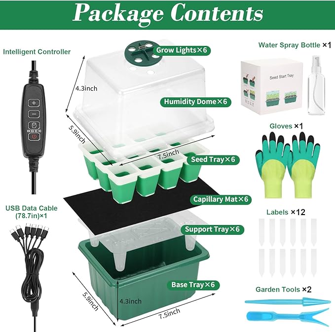 Mckanti 6 Set Self-Watering Seed Starter Tray Kits with Grow Light, Reusable Seed Germination Kit with Adjustable Humidity Domes and Silicone Cell Base Tray for Indoor Plant Seeds GerminationKit