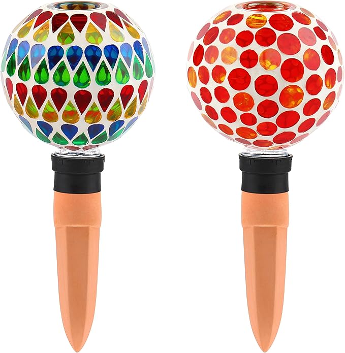 SAVENNA Mosaic Plant Watering Globes with Terracotta Spikes, 17oz Glass Self Watering Globes for Indoor & Outdoor Potted Plants, Decorative Water Drippers, Set of 2