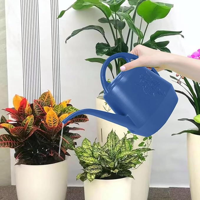 Watering Can 1 Gallon with Comfortable Handle, Flower Patterns Watering Can Indoor Plants, Plastic Long Spout Watering Can for House Plants Succulent Bonsai Garden Flower Outdoor (Blue)