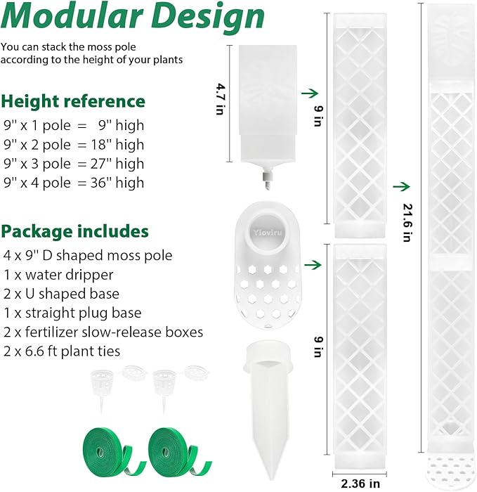 4 Psc 9 Inch D Shaped Moss Pole with Watering Dripper, Plastic Moss Poles for Climbing Plants, Sturdy Monstera Plant Support, Self Watering Moss Pole Kit for Plants Indoor(White)