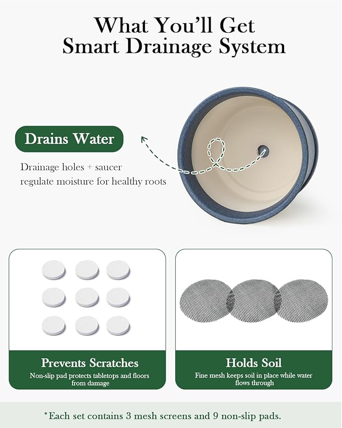 Ceramic Plant Pots Set of 3 with Saucers, 4.3/5.5/7 Inch Planters for Indoor Plants, Drainage Hole Flower Pots for Succulents, Herbs, Aloe, Modern Home Decor, Blue