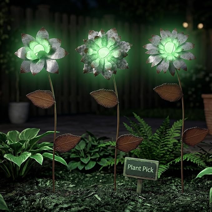 Metal Floral Garden Stake Outdoor Glow in Dark Silver Plant Pick Water Proof Metal Flower Stick Décor for Lawn Yard Patio,3 PCS