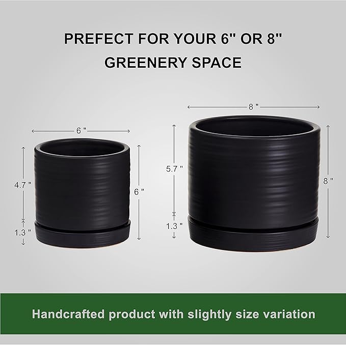 HERDUK 6 + 8 Inch Plant Pots, Ceramic Planter Pot with Drainage Hole & Saucer, Indoor/Outdoor Cylinder Round Planter Pot, Matte Black