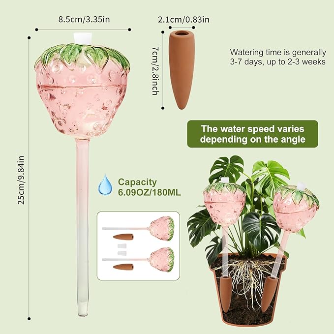 Strawberry-Shaped Glass Plant Watering Globes (Set of 2) - Vacation Plant Watering Devices with Terracotta Spikes, Top-Fill Watering Globes, Self Watering Planter Insert for Plants