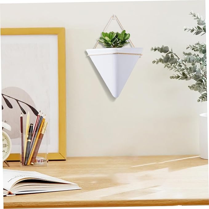 Flower Pots, Hanging Planter, 2PCS Geometric Triangle Wall Plant Holder, Ceramic Wall Mounted Plant Holder, for Succulent, Faux Plants, Home and Office Decor, White